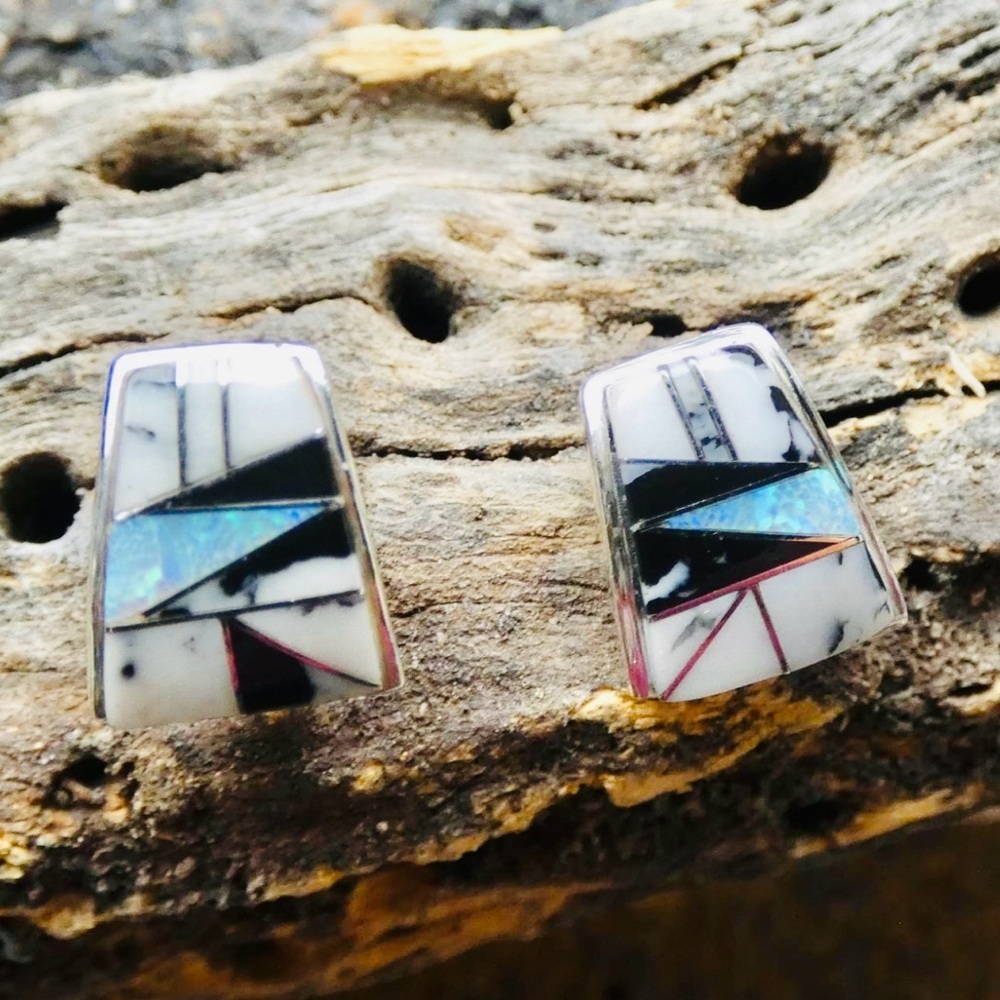 Native American Navajo Sterling Silver Buffalo Turquoise Blue Opal  Earrings